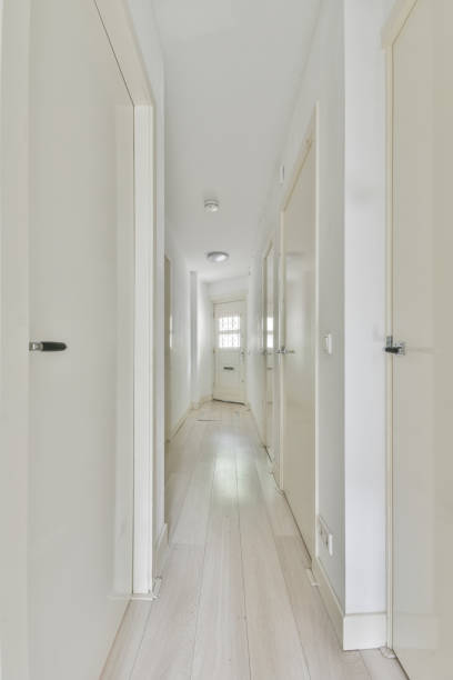 istock Beautiful image of multiple room doors in the aisle in a white interior design house 1466329039