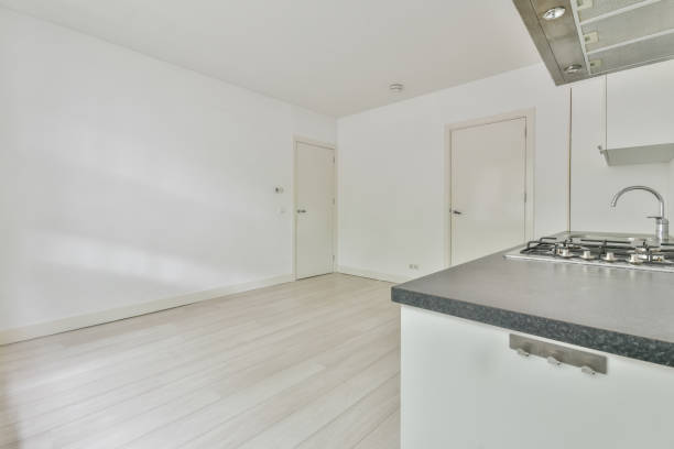 istock Beautiful image of an empty kitchen in a white interior design house; design ideas 1466329040