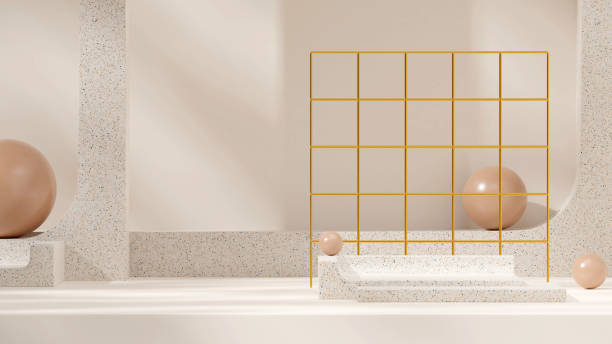 istock terrazzo texture podium in landscape with gold grid and brown sphere 3d rendering template mockup 1466329220