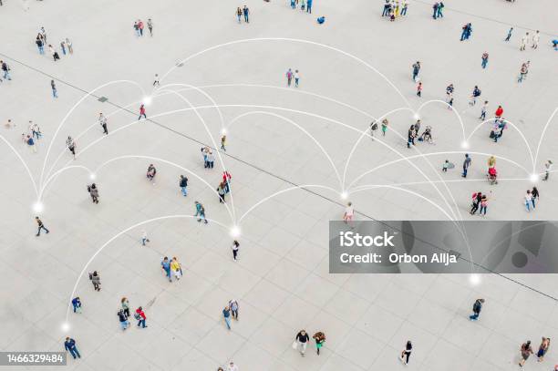 Aerial View Of Crowd Connected By Lines Stock Photo - Download Image Now - Connection, People, Crowd of People