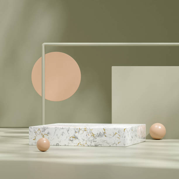 istock White marble block podium in square green wall scene with brown accent 3D render scene mockup 1466331824