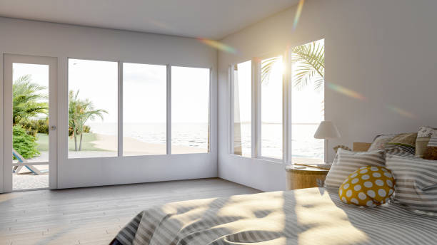 istock White modern contemporary bedroom interior with large windows and sea view terrace, 3D Rendering 1466333726