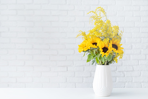 Blossom of Mimosa flowers and sunflowers in white ceramic vase on white brick wall background with space for text. Spring concept, yellow color