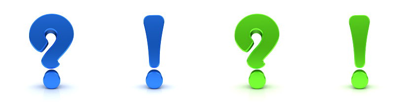 Question marks exclamation points colored blue green 3d rendering graphic illustration