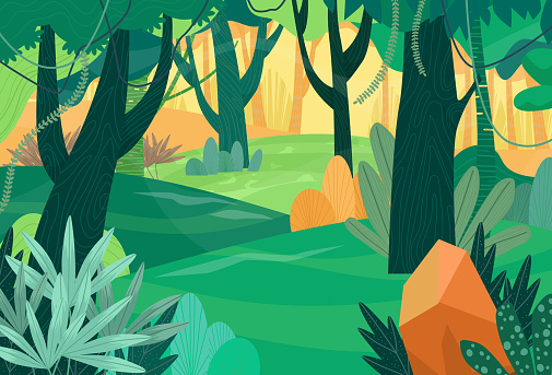Landscape of beautiful rainforest with trees and rock on hill, drawing vector illustration
