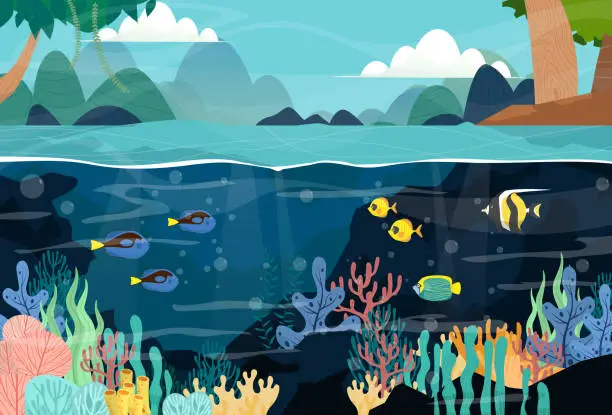 Vector illustration of Beautiful view in underwater fish and sea creatures in deep sea