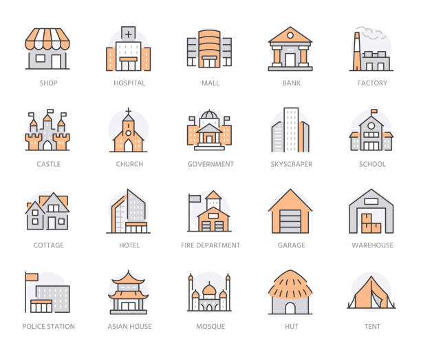 ilustrações de stock, clip art, desenhos animados e ícones de building line icons set. hospital, hotel, bank, mall, skyscraper, government city hall, castle, police minimal vector illustration. simple flat outline sign for web app. orange color. editable stroke - 269