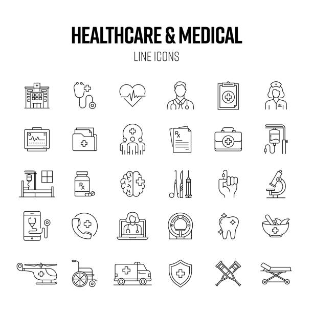 Healthcare and Medical Line Icon Set. Hospital, Doctor, Emergency, Medicine, Surgery vector art illustration