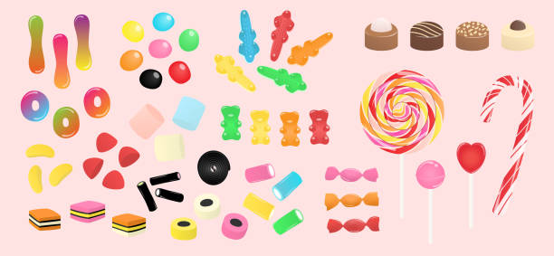 süßigkeiten für kinder: schokolade, lutscher, bonbons und mehr - lakritz stock-grafiken, -clipart, -cartoons und -symbole