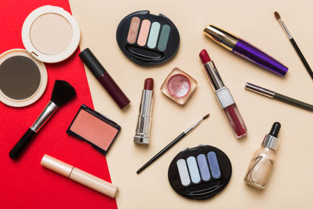 istock Professional makeup tools. Top view. Flat lay. Beauty, decorative cosmetics. Makeup brushes set and color eyeshadow palette on table background. Minimalistic style 1466343362