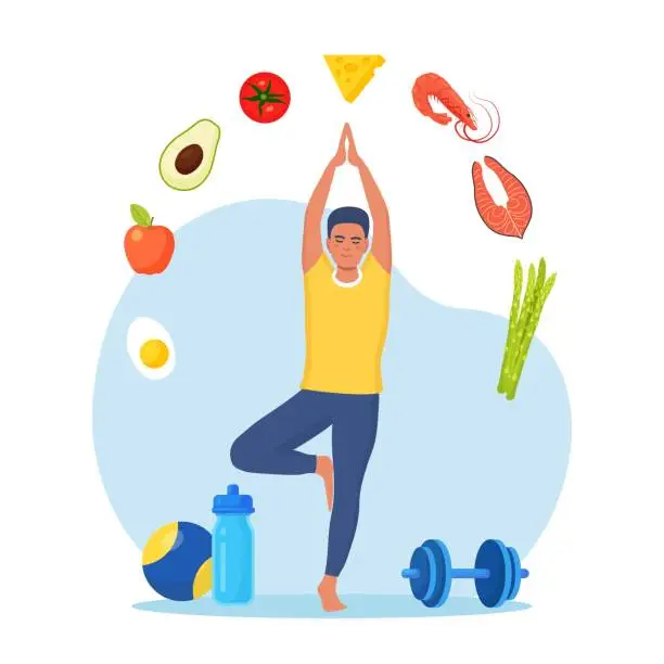 Vector illustration of Diet plan. Man doing  exercise and planning diet with fruit and vegetable. Guy doing yoga. Dietary eating, meal planning, nutrition consultation, healthy food, sport. Health lifestyle, fitness