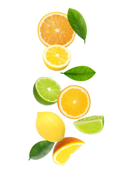 istock Different fresh citrus fruits and leaves falling on white background 1466349025