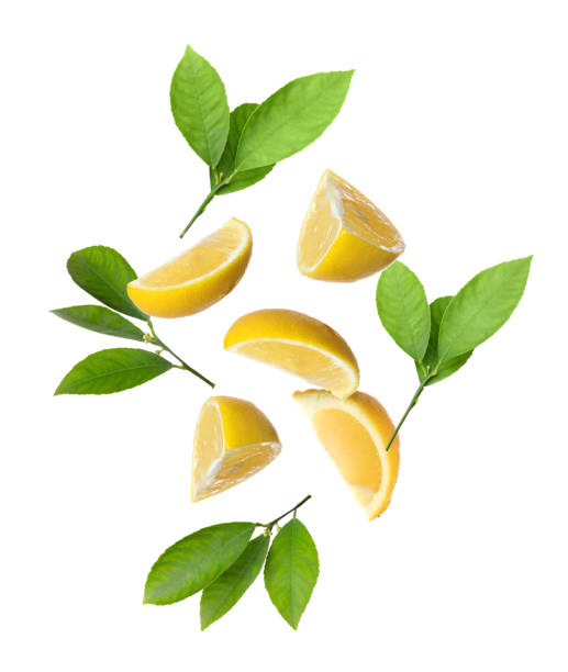 istock Fresh ripe lemon slices and green leaves falling on white background 1466349256