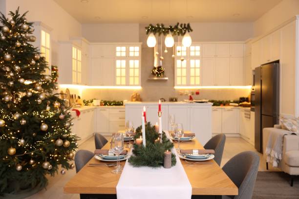 istock Cozy spacious kitchen decorated for Christmas. Interior design 1466349427
