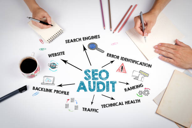 SEO Audit Concept. The meeting at the white office table stock photo