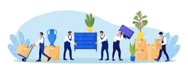 Vector illustration of Moving to new apartment. Home relocation. Delivery company services. Loaders in overalls taking home appliances, goods, plants out of apartment. Movers carrying cardboard boxes, assembling furniture