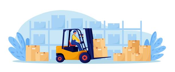 Yellow forklift truck with driver, electric uploader. Industrial logistics, delivery service. Storage equipment. Warehouse workers loading, stacking goods with electric lifters. Merchandising business vector art illustration