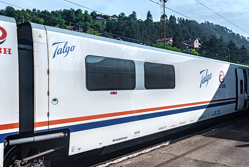 Sarajevo, Bosnia and Herzegovina - July 30, 2022: Talgo train on Saeajevo Train Station