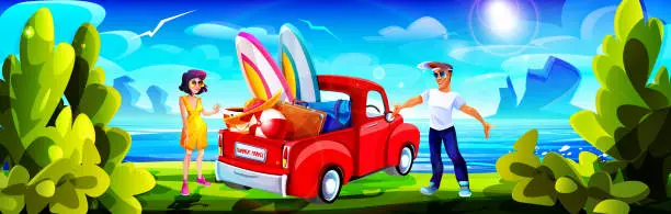 Vector illustration of Camping and tourism concept in cartoon style. Tourist pickup truck with things and a young couple of tourists against the backdrop of a summer sunny landscape with a river.