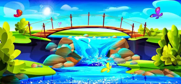 Vector illustration of Camping and tourism concept in cartoon style. Bridge over a waterfall against the backdrop of a sunny summer landscape with butterflies.