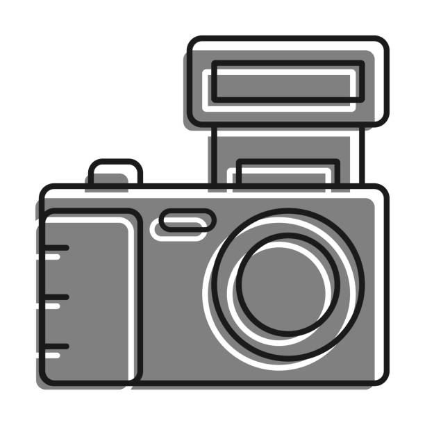 illustrations, cliparts, dessins animés et icônes de linéaire rempli d’icône de couleur grise. appareil photo, équipement pour la photographie et le selfie. journée mondiale de la photographie le 19 août. vecteur noir et blanc simple - fill frame flash