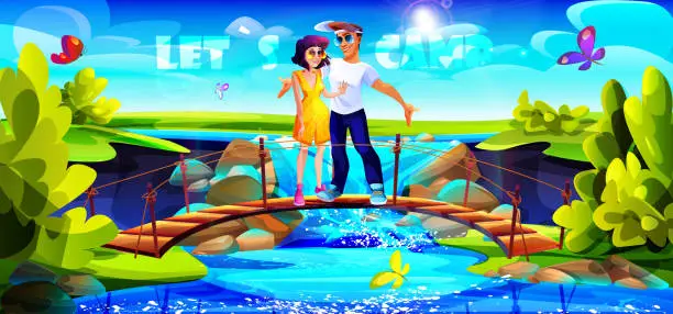 Vector illustration of Camping and tourism concept in cartoon style. A young couple of tourists on the bridge against the backdrop of a summer sunny landscape with a waterfall.