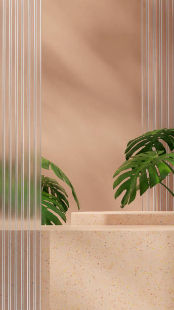istock Brown terrazzo texture podium in portrait with glass and monstera plant 3D image render empty scene 1466352641