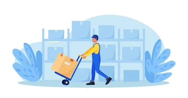 Vector illustration of Warehouse worker pushing hand cart with effort, man moving pushcart. Carrier carrying goods in cardboard boxes on dolly. Loader with cargo on trolley. Logistics and delivery service. Storage equipment