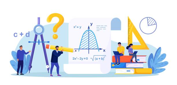 Math school subject. People studying mathematics, algebra, arithmetic. Mathematician use scientific formulas and diagrams for new calculation. Math analysis, conjecture computing. Mathematics course vector art illustration