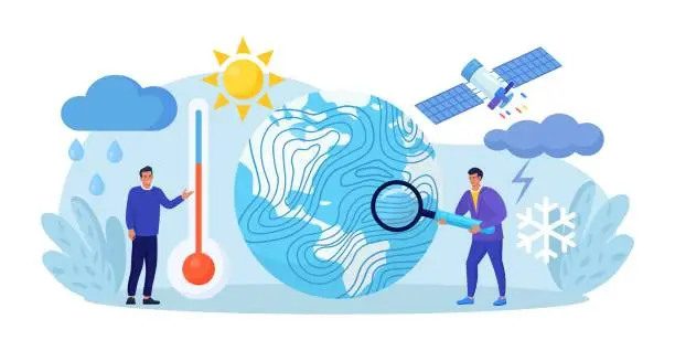 Vector illustration of Meteorology, geophysics science. Meteorologists studying, researching climate condition. Weather forecaster predict weather with satellite service, met station and space engineering. Planetary science