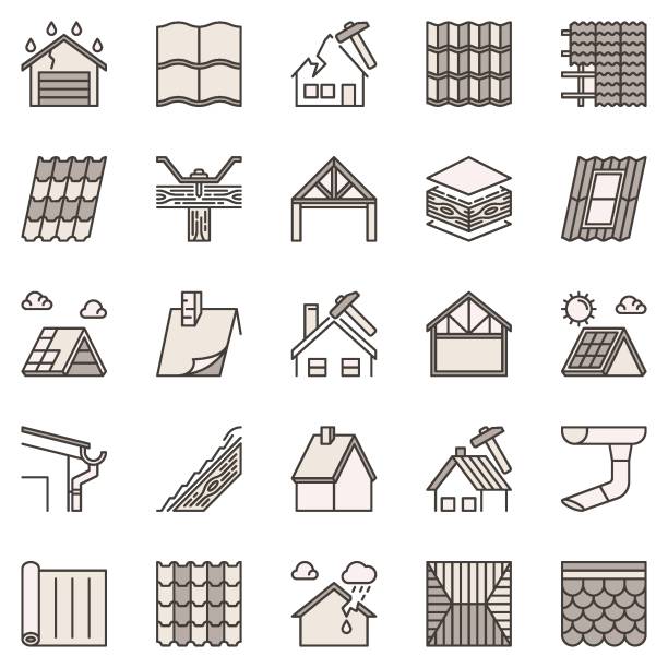 dachreparatur farbige symbole set. dach- und hausdach-konzeptschilder - insulation roof attic home improvement stock-grafiken, -clipart, -cartoons und -symbole