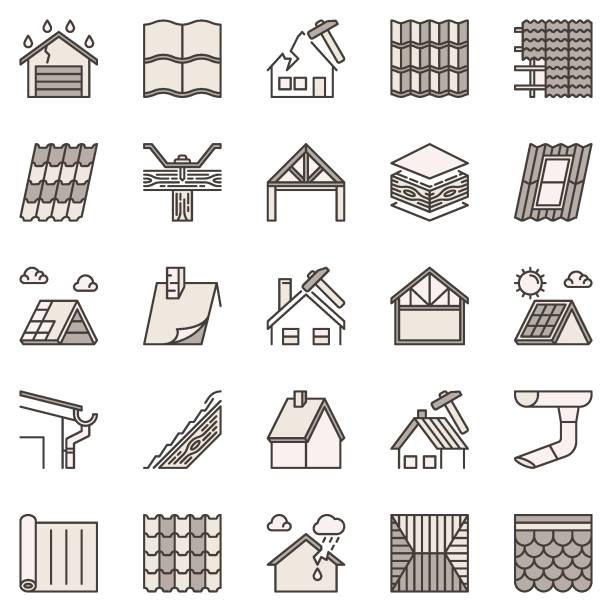 ilustraciones, imágenes clip art, dibujos animados e iconos de stock de conjunto de iconos de colores de reparación de techo. techos y letreros conceptuales de housetop - insulation roof attic home improvement