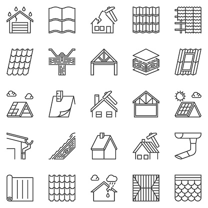 Roof outline icons set - Housetop and Roofing vector repair concept linear symbols