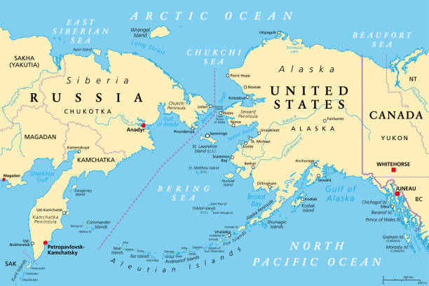 Maritime boundary between Russia and United States, political map Maritime boundary between Russia and United States, political map. Chukchi Peninsula of Russian Far East, and Seward Peninsula of Alaska, separated by Bering Strait, between Pacific and Arctic Ocean. chukchi stock illustrations