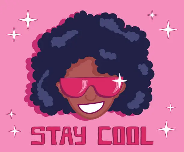 Vector illustration of Black girl with curvy hair in purple sunglasses, smiling face in groovy style with Stay Cool phrase