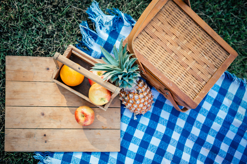 Top view of healthy picnic snacks on a blanket