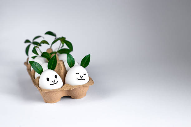istock Fancy white Easter eggs with funny green bunny ears in paper tray on white background. Traditional spring concept. 1466361805