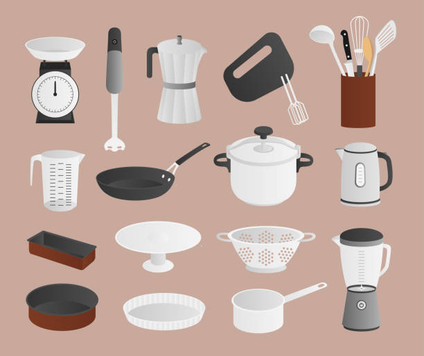 Kitchen objects for cooking Collection of kitchen objects for cooking: dishes, appliances, pot, pan, blender, scales and kitchen utensils dry measure stock illustrations