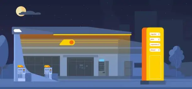 Vector illustration of Night petrol station. Road car shop refill tank petrol essence, prices compare on display gas or diesel fuel neon facade rerto auto gasoline refueling