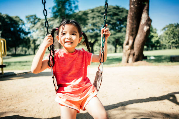 istock Asian little girl having fun swinging 1466363495
