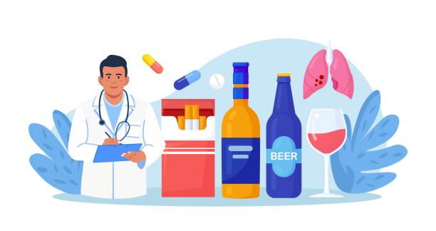 ilustraciones, imágenes clip art, dibujos animados e iconos de stock de adicción. tratamiento, diagnóstico de alcoholismo. el médico narcólogo aconseja a las personas con adicciones al alcohol, sustancias estupefacientes y psicotrópicas, tabaco. recuperación de pacientes dependientes de sustancias - bebida alcohólica