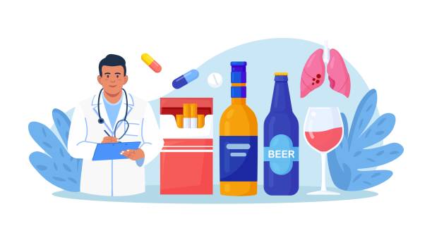 Addiction. Treatment, diagnosis of alcoholism. Doctor narcologist advises people with addictions to alcohol, narcotic and psychotropic substances, tobacco. Recovery of substance-dependent patients vector art illustration