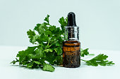 Essential oil of parsley. Glass bottle of parsley essential oil with a fresh bunch of parsley, green vegetable oil concept, healthy nutrition.