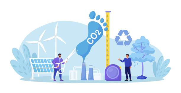 Carbon footprint as CO2 emission pollution. Human impact on planet ecosystem. Foot symbol as industrial toxic effect. Reduce dioxide greenhouse gases with alternative energy, decrease emission produce vector art illustration