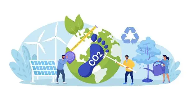Vector illustration of Carbon footprint as CO2 emission pollution. Human impact on ecosystem. Foot symbol as industrial toxic effect. Reduce dioxide greenhouse gases with alternative energy, plant ecological forestation