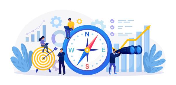 Using Compass for Navigation and Orientation in Business. Strategic Planning, Future Vision. Business Strategy Direction. Mission concept. Businessman Makes Important Decisions, Sets Goals for Company vector art illustration