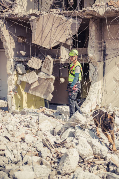 istock Rescuer search with help of rescue dog 1466370016