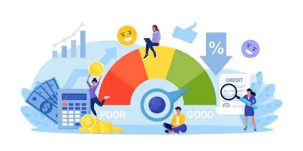 Vector illustration of Credit score, rating. People examining client creditworthiness report with credit history. Bank analysts evaluating ability of prospective debtor to pay debt. Payment history data meter. Loan, mortage