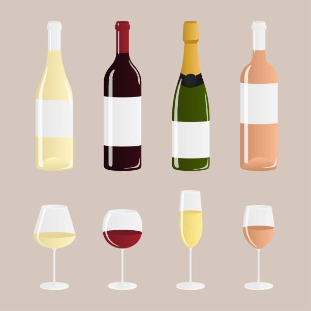 illustrations, cliparts, dessins animés et icônes de vin rouge, blanc, rosé et champagne, verres à pied et bouteilles - martini glass wineglass wine bottle glass