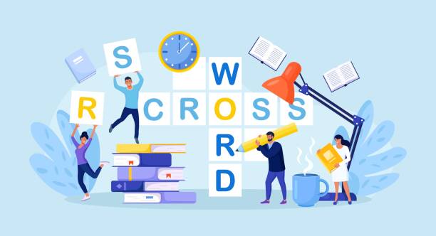 ilustrações de stock, clip art, desenhos animados e ícones de people solve huge crossword filling empty boxes with letters. tiny characters with pencil solve puzzle. brain training, logic game. woman and man thinking on riddle. spare time recreation - skill emotional stress occupation men